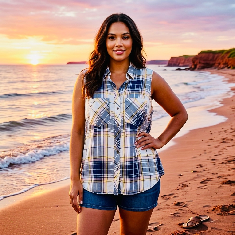 Kismet Blue and Yellow Plaid Sleeveless Shirt
